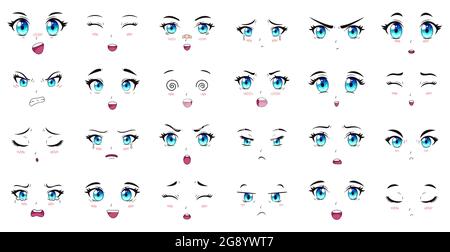 Cartoon Anime-Figuren Augen, Augenbrauen und Mundausdrücke. Manga weibliche Charaktere Gesichter Vektor Illustration Set. Anime Manga Mädchen Ausdrücke Stock Vektor