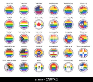 Satz von Vektorsymbolen. Regenbogenflaggen (LGBTQ) und Schwulenflaggen von Ländern Amerikas. Stockfoto