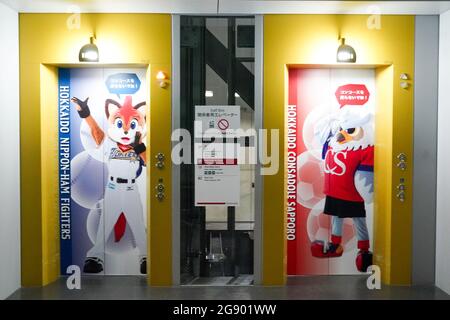 Sapporo, Japan. Juli 2021. Hokkaido Nippon-Ham Fighters und Hokkaido Consadole Sapporo Masctos im Aufzug während des Olympischen Fußballturniers Tokio 2020 zwischen Ägypten und Spanien im Sapporo Dome in Sapporo, Japan. Kredit: SPP Sport Pressefoto. /Alamy Live News Stockfoto