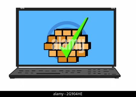Sicherheitswand und grünes Häkchen auf der Bildschirmdarstellung des Laptops. Stockfoto