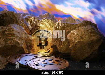 Glänzende Bitcoins inmitten von Goldnuggets Stockfoto