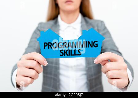 Textunterschrift mit Programmierfähigkeiten. Business-Ansatz Fähigkeiten wichtig, um ein Programm zu schreiben, damit Computer eine junge Dame Geschäftsfrau verarbeiten kann Stockfoto