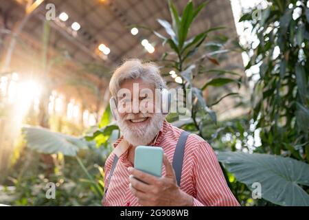 Fröhlicher, weißer bärtiger Mann, der über kabellose Kopfhörer Musik hört, während er vor Pflanzen steht Stockfoto