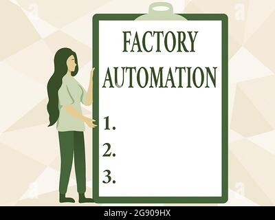 Handschrift Text Factory Automation. Geschäftsidee automatischer Betrieb und Steuerung von Maschinen oder Prozessen Frau Zeichnung Halten EINES großen leeren Stockfoto