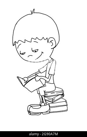 Cute Cartoon-Figuren Mädchen auf den Büchern sitzen und lesen .Single line. Stockfoto