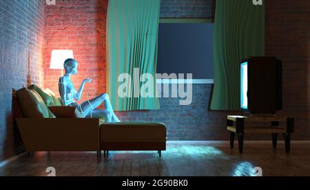 Dreidimensionale Wiedergabe von Gynoid beim Fernsehen im Wohnzimmer Stockfoto