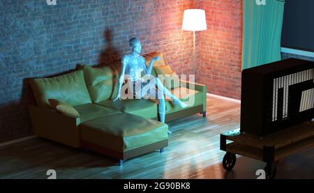Dreidimensionale Wiedergabe von Gynoid beim Fernsehen im Wohnzimmer Stockfoto
