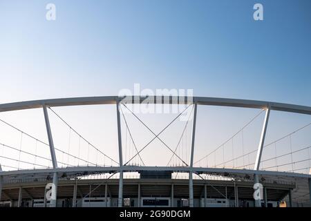 Fragment des Schlesischen Stadions - Bau der Dachkonstruktion, Chorzów, Schlesien, Polen Stockfoto