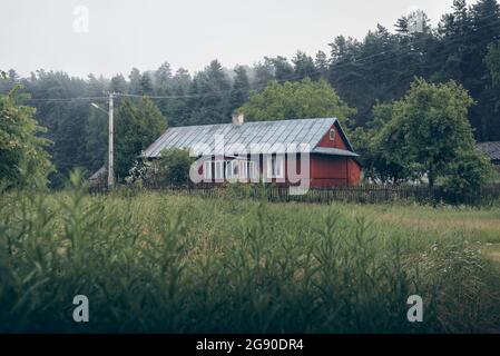 Schönes, altes polnisches Dorf mit traditionellen landwirtschaftlichen Gebäuden, das an einem nebligen Tag mitten im Wald liegt. Krasnobród, Roztocze, Pola Stockfoto