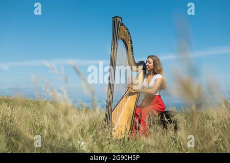 Junge Musikerin, die an sonnigen Tagen Harfe auf der Wiese übt Stockfoto