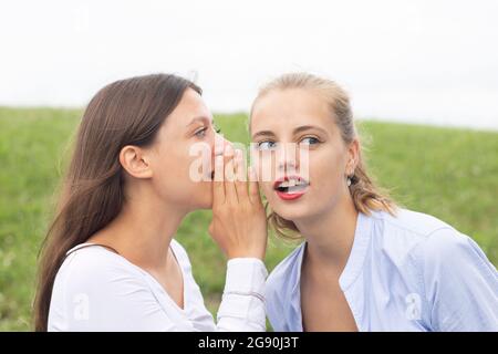 Frau mit braunem Haar, die im Ohr von einer Freundin in der Natur klatscht Stockfoto