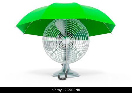 Tischventilator im Retro-Design unter Regenschirm, 3D-Rendering isoliert auf weißem Hintergrund Stockfoto