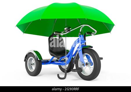 Dreirad Kinder Fahrrad unter Regenschirm, 3D-Rendering isoliert auf weißem Hintergrund Stockfoto