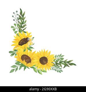 Sonnenblumen- und Laubrahmen, florale Komposition Aquarell-Illustration, Ackerbau-Sommerstrauß, Arrangement für Danksagerei, Grußkarte, Boho-Dekor, Hochzeitseinladungsvorlage Stockfoto