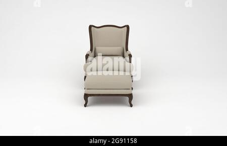 3D-Darstellung eines beigen Sessels mit einer isolierten Fußstütze auf weißem Hintergrund Stockfoto