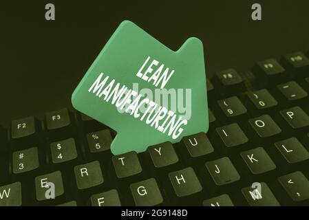 Schild mit der Anzeige Lean Manufacturing. Business Idea Focus on Minimizing Waste within Manufacturing Systems Abstract Typing New Business Slogan Botschaft Stockfoto