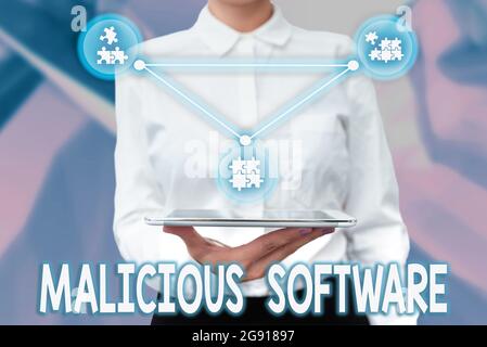 Inspiration zeigt Zeichen bösartige Software, Wort auf der Software geschrieben, die einem Computersystem Schaden bringt Lady Uniform stehend Tablet Hand Pres Stockfoto