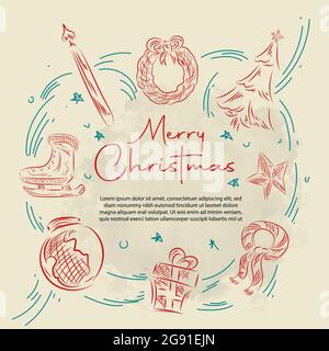 Großes Set von Weihnachten Design Doodle Elemente mit Frohe Weihnachten und Neujahr Schriftzug Stock Vektor