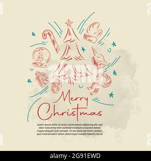 Großes Set von Weihnachten Design Doodle Elemente mit Frohe Weihnachten und Neujahr Schriftzug Stock Vektor