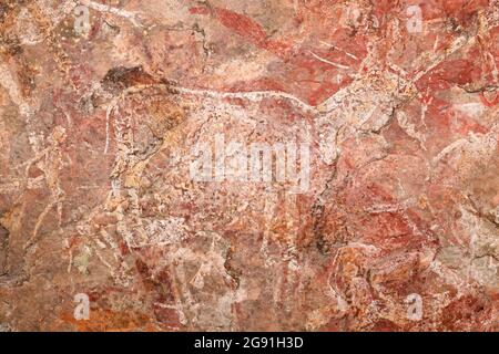 Buschmänner (san) Felsmalerei einer Elanantilope und menschlichen Figuren, Südafrika Stockfoto