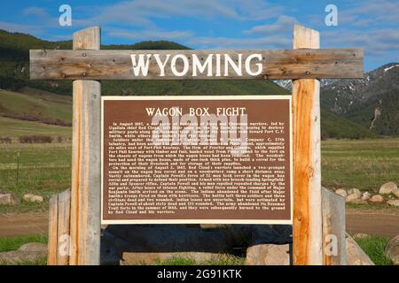 Geschichtsbrett, Wagon Box Fight Historic Site, Wyoming Stockfoto