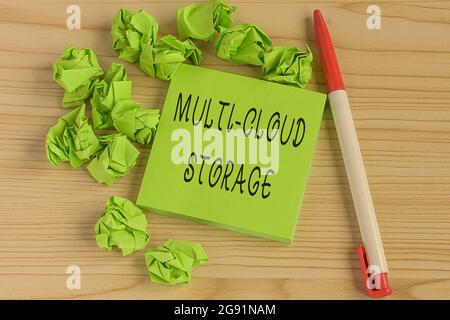 Schild mit Multi Cloud Storage. Überblick über das Unternehmen Nutzung mehrerer Cloud-Computing- und Speicherservices mehrere Assorted Collection Office Stockfoto