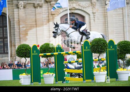 Bertram Allen aus Irland fährt Harley VD Bisschop während des Rolex Grand Prix Table A gegen die Uhr 1m60 mit Stechen, der Masters Chantilly 2021, FEI-Reitveranstaltung, Jumping CSI5 am 11. Juli 2021 im Chateau de Chantilly in Chantilly, Frankreich - Foto Victor Joly / DPPI Stockfoto