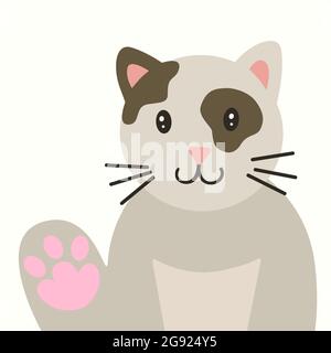 Nette graue Katze mit einer Pfote in Gruß isoliert auf weißem Hintergrund in einfachen Cartoon Doodle-Stil angehoben. Stock Vektor