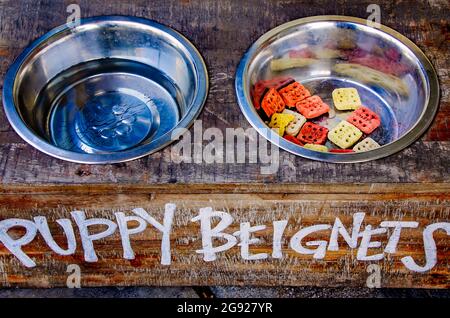 Am Eingang von Mo’ Bay Beignet Co., 23. Juli 2021, in Mobile, Alabama, werden Hundeschüsseln mit Wasser und Leckereien gefüllt. Stockfoto