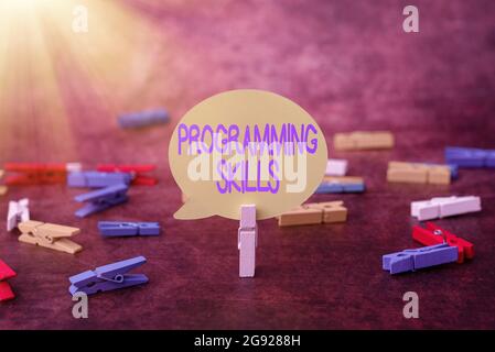 Textunterschrift mit Programmierfähigkeiten. Business Schaufenster Fähigkeiten entscheidend, um ein Programm zu schreiben, so dass Computer verarbeiten können Denken Neue helle Ideen Stockfoto