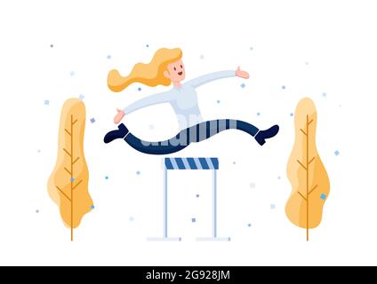 Fröhliche Geschäftsfrau, Die Über Das Hindernis Jumping-Fest Steht. Überwindung von Hindernissen und Konzept zur Karriereentwicklung. Stock Vektor