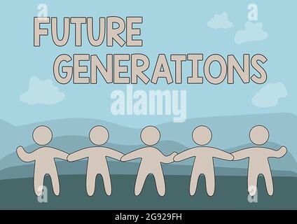 Konzeptionelle Darstellung zukünftiger Generationen. Geschäftskonzept Generationen werden nach der derzeit lebenden Generation fünf stehende Personen Zeichnung Holding kommen Stockfoto