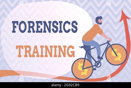 Konzeptionelle Bildunterschrift Forensik Training, Wort geschrieben über wissenschaftliche Methoden und Prozesse zur Lösung von Verbrechen man Drawing Riding Bicycle with Dollar Sign Stockfoto