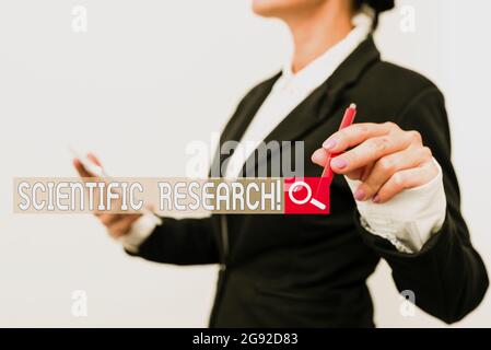 Textschild zeigt wissenschaftliche Forschung, Business Showcase methodische Studie zu beweisen oder zu widerlegen eine Hypothese präsentiert neue Technologie-Ideen diskutieren Stockfoto