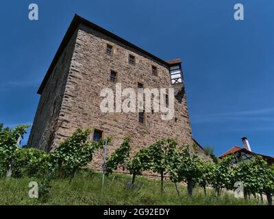 Flachwinkelansicht des Turms der historischen Burg Wildeck mit Steinmauer in Abstatt, Baden-Württemberg, Deutschland am sonnigen Sommertag mit Weinberg. Stockfoto