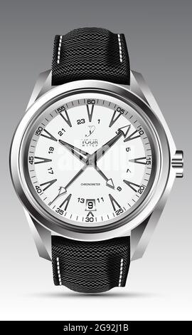 Realistische Uhr silberweiß Gesicht schwarzen Pfeil Zahl mit Stoffband auf grauem Design klassischen Luxus-Vektor-Illustration. Stock Vektor