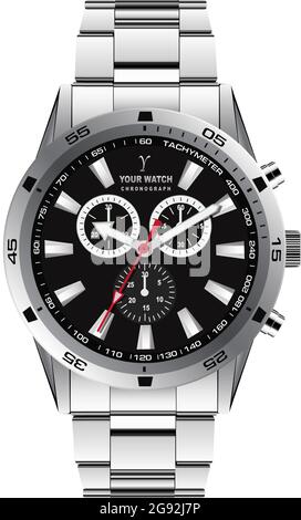 Realistische Uhr Chronograph silber dunkelgrau Zifferblatt Design für Männer Mode auf weißem Hintergrund Vektor-Illustration. Stock Vektor