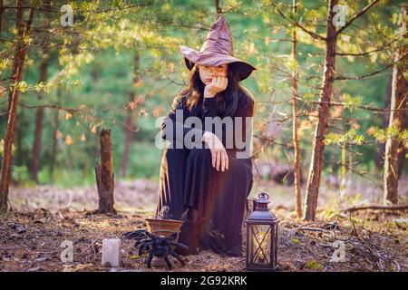 Eine junge Hexe in einem Hut sitzt auf einem Stumpf im Wald, ihr Kopf wird traurig von der Hand aufgestampft Stockfoto