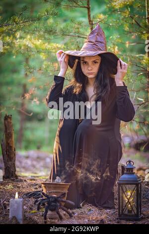 Eine junge Hexe im Wald sitzt auf einem Stumpf und hält sich an ihrem Hut fest Stockfoto