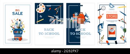 Zurück zur Schule. Werbebanner, Verkauf, Online-Shop, Web. Schreibwaren für Schule, Universität und Büro. Cartoon-Schulbedarf. Flache Illustrationen Stock Vektor