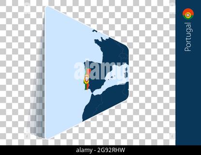 Portugal Karte und Flagge auf transparentem Hintergrund. Portugal auf blauer Vektorkarte hervorgehoben. Stock Vektor