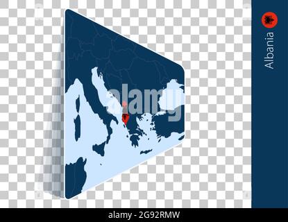 Albanien Karte und Flagge auf transparentem Hintergrund. Albanien auf blauer Vektorkarte hervorgehoben. Stock Vektor