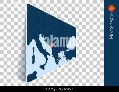 Montenegro Karte und Flagge auf transparentem Hintergrund. Montenegro auf blauer Vektorkarte hervorgehoben. Stock Vektor