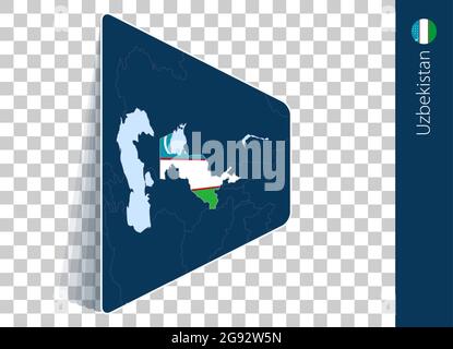 Usbekistan Karte und Flagge auf transparentem Hintergrund. Usbekistan auf blauer Vektorkarte hervorgehoben. Stock Vektor