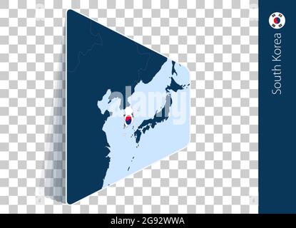 Südkorea Karte und Flagge auf transparentem Hintergrund. Südkorea auf blauer Vektorkarte hervorgehoben. Stock Vektor