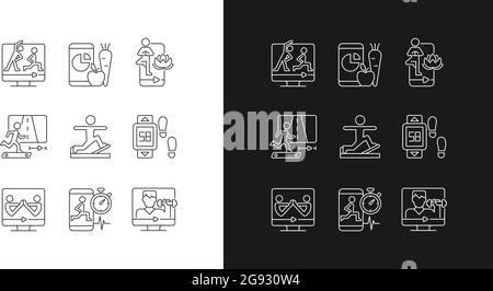 Online-Fitnesskurse lineare Symbole für den Dunkel- und Lichtmodus. Stock Vektor