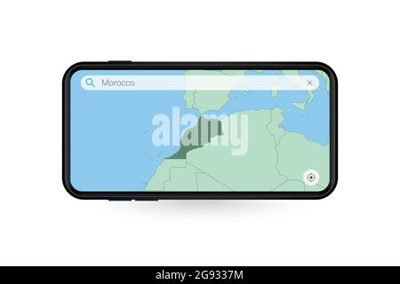 Suche Karte von Marokko in Smartphone Kartenanwendung. Karte von Marokko in Handy. Vektorgrafik. Stock Vektor