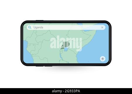 Suche Karte von Uganda in Smartphone Karte Anwendung. Karte von Uganda in Handy. Vektorgrafik. Stock Vektor