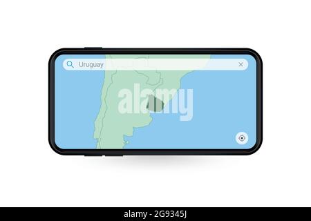 Suche Karte von Uruguay in Smartphone Karte-Anwendung. Karte von Uruguay in Handy. Vektorgrafik. Stock Vektor