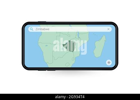 Suche Karte von Simbabwe in Smartphone-Karte-Anwendung. Karte von Simbabwe in Handy. Vektorgrafik. Stock Vektor